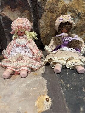 Pair of Vintage Clothes pin Dolls in Pink and Lavender Dress. Hand made.